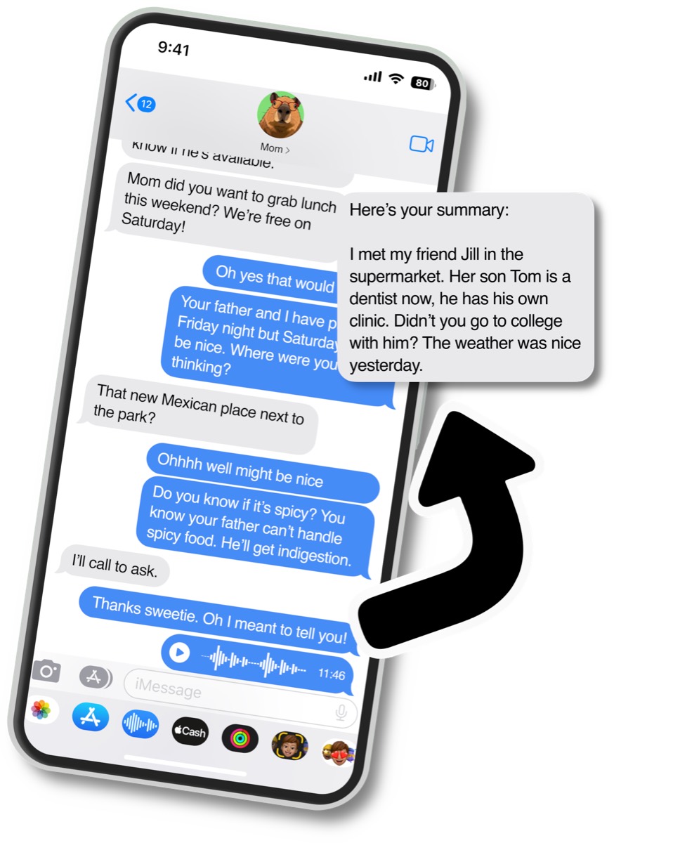 A family chat in iMessage, showing a long voice note being summarized in text.