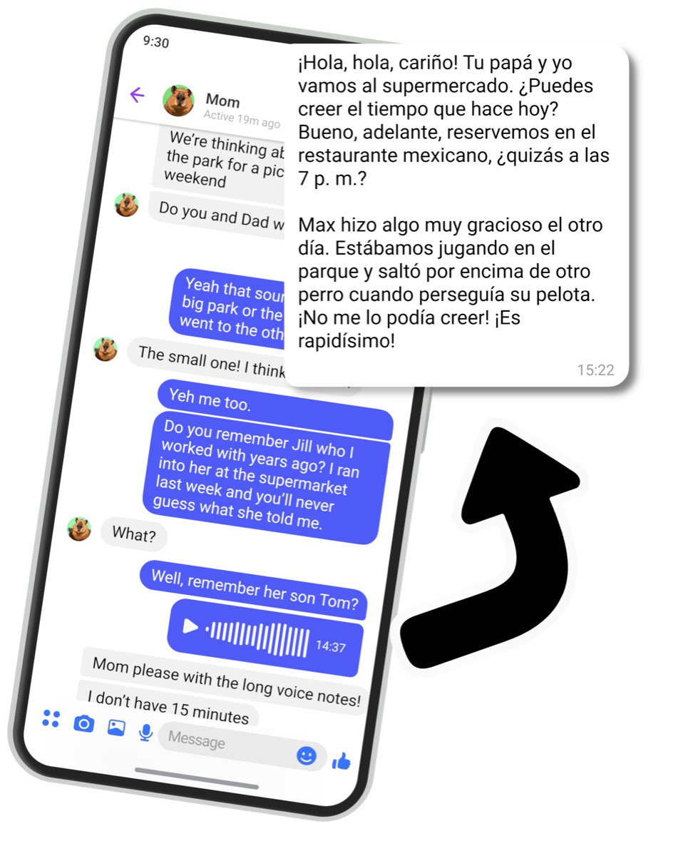 A chat in Messenger, showing one voice note being translated.