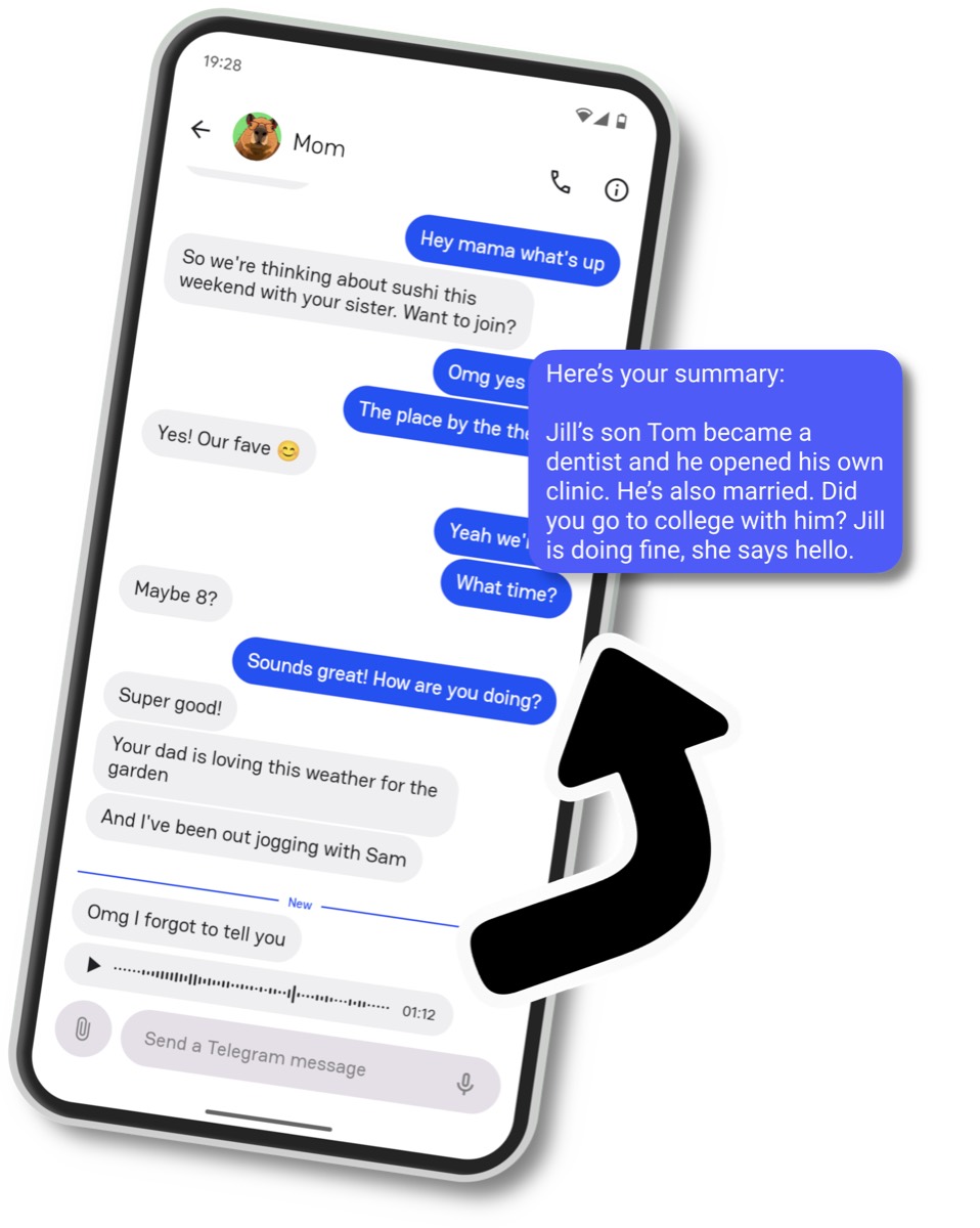 A chat conversation in Beeper, showing a long voice note being summarized