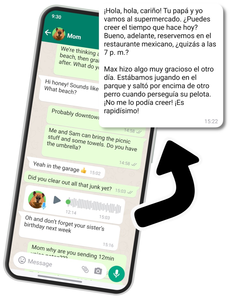 A WhatsApp chat showing a voice note being translated by AI.