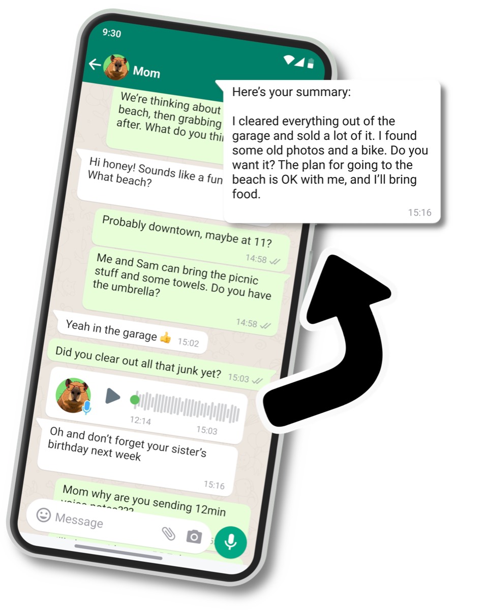 A WhatsApp chat, showing a long voice note being summarized