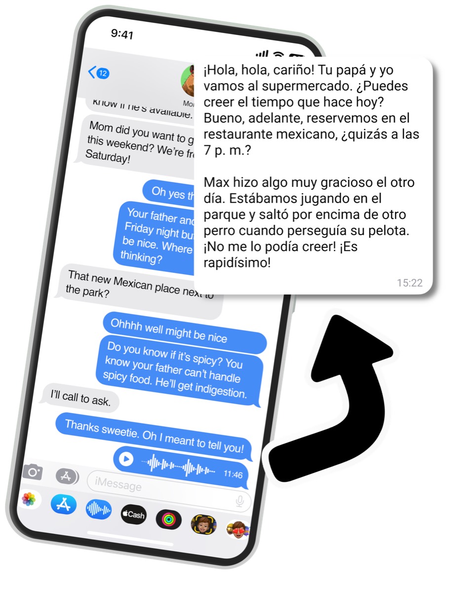 A chat in iMessage showing a voice note being translated.