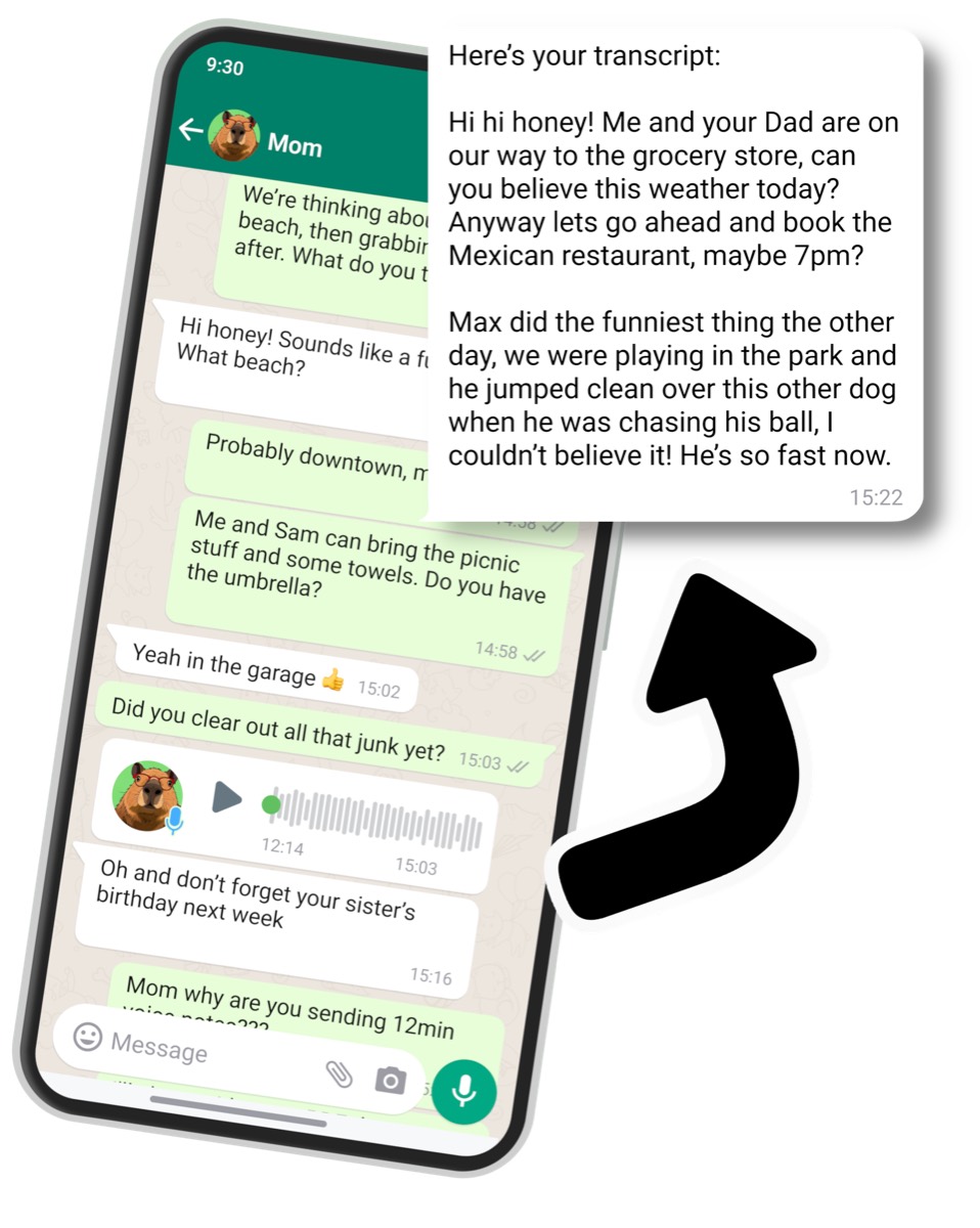 A WhatsApp conversation showing a long voice note being transcribed by AI.