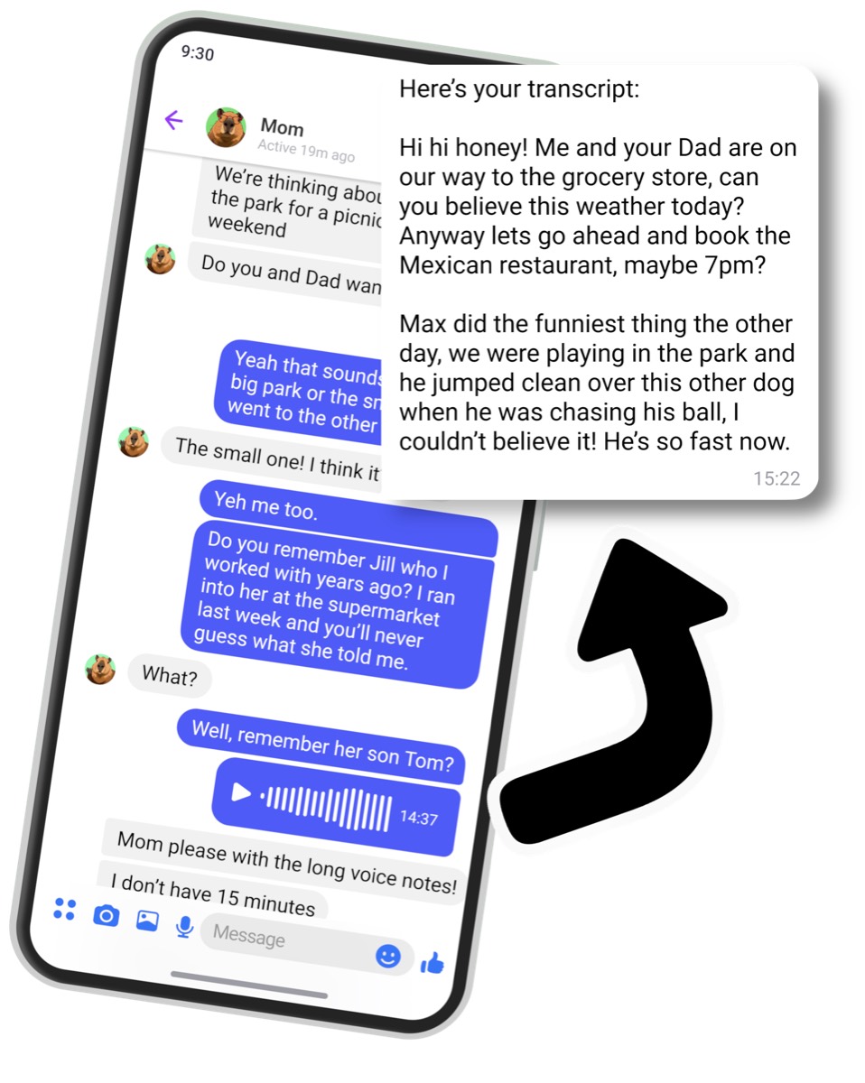 A chat in Facebook Messenger showing a long voice note being summarized