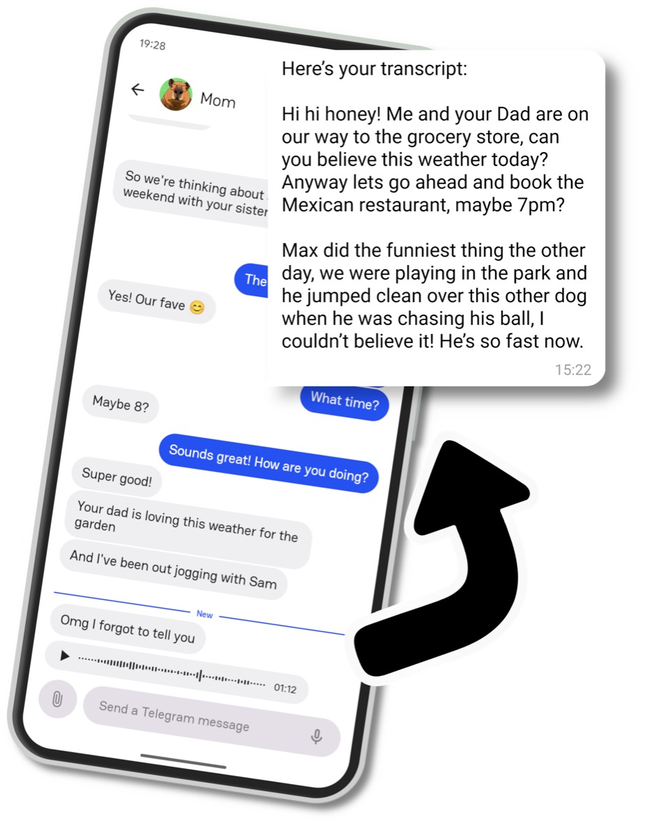 A chat in Beeper, showing a long voice message being transcribed.