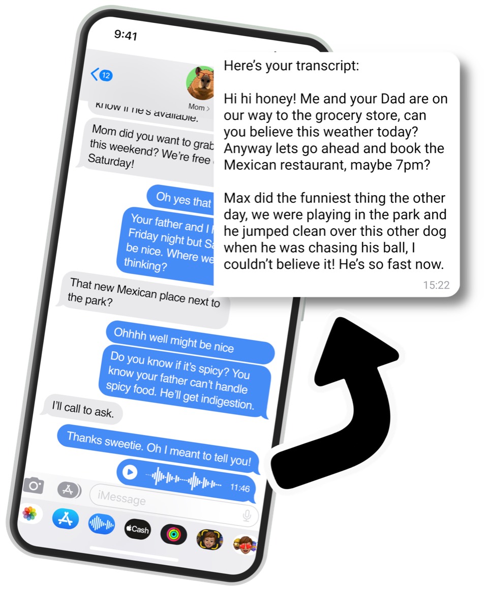 A chat on iMessage with a long voice note being transcribed by AI.