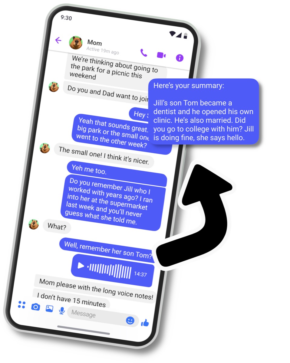 A chat interface in Facebook Messenger, showing a long voice note being summarized.